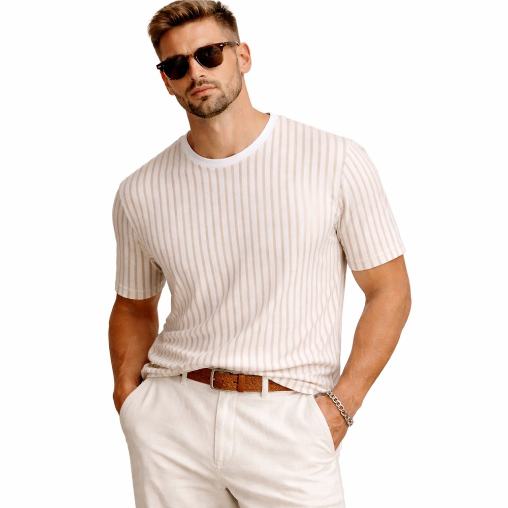 Denim & Flower Men's Short Sleeve Cream & Tan Striped Tee
